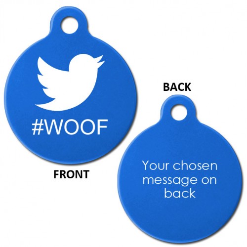 Blue Engraved Twitter Woof Aluminium 31mm Large Round Pet Dog ID Tag